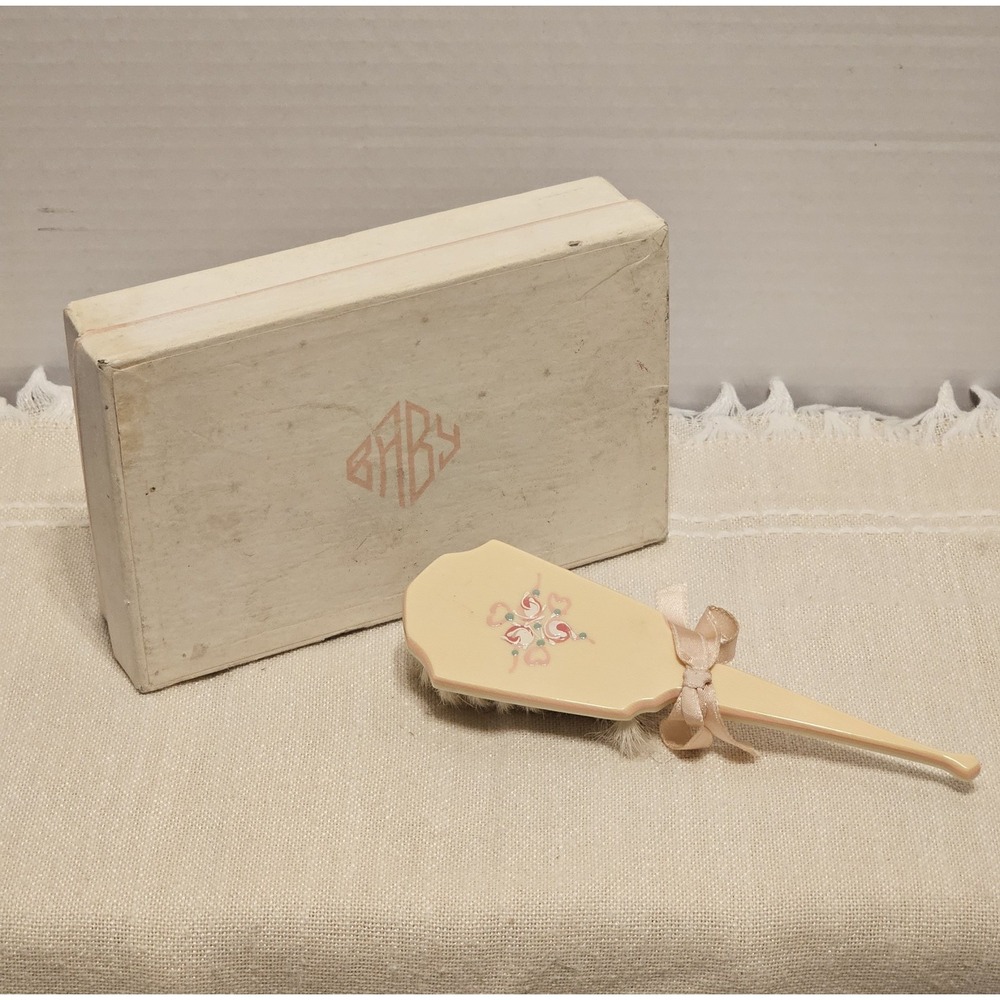 Vintage Baby Brush And Box Cream Floral Pink Ribbon